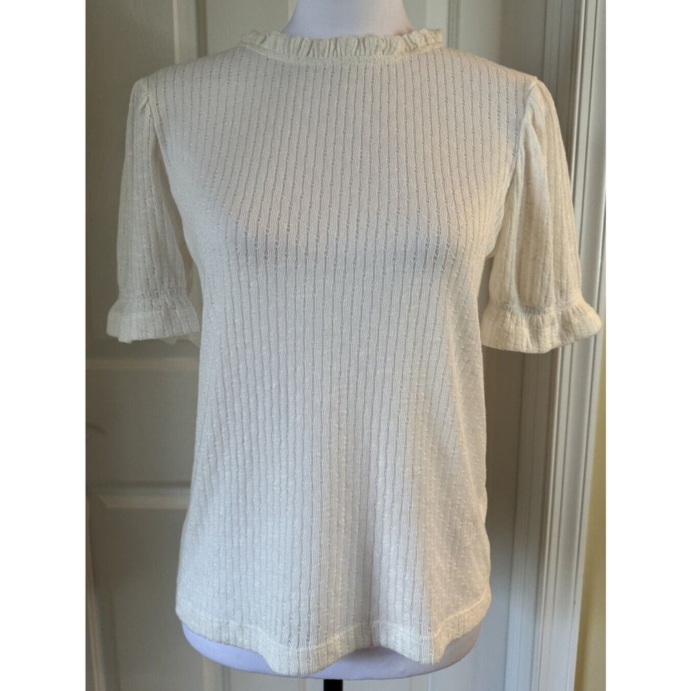 J Crew Womens Small Cream Ivory Short Sleeve Ruffle Trim SweaterTop Knit Neutral